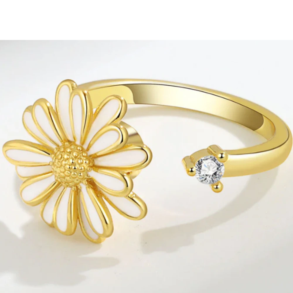 Bague d'Anxiété Ajustable Fleur Marguerite en Acier Inoxydable