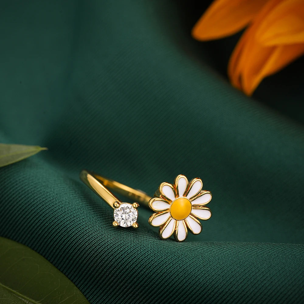 Bague d'Anxiété Ajustable Fleur Marguerite en Acier Inoxydable