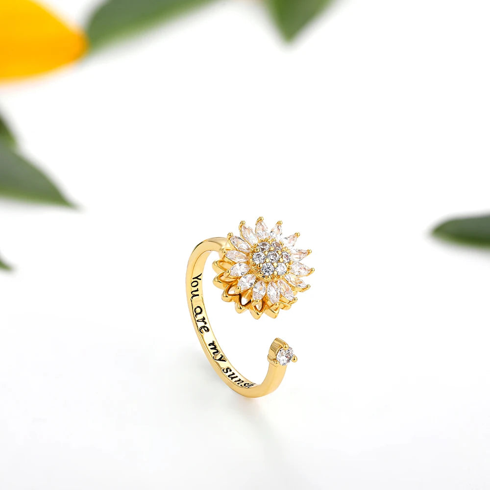 Bague d'Anxiété Ajustable Cristal Sunflower en Acier Inoxydable